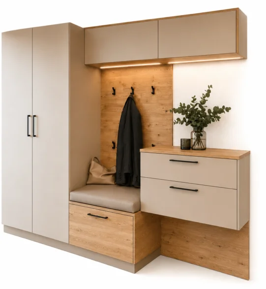 Moderne Garderobe in der Farbe beige aus Danküchen Möbel mit Hochschrank, gepolsterter Sitzbank, Schubladen und Aufhängehaken. 