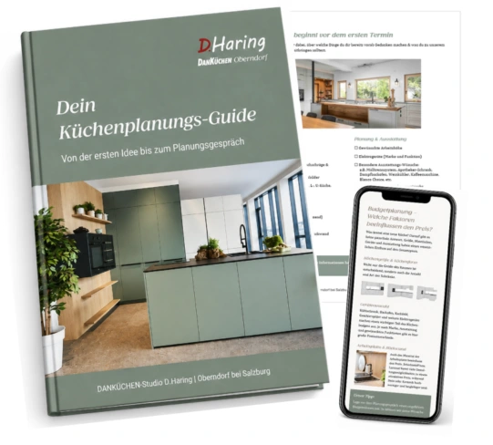 Küchenplanungs-Guide Cover und einzelne Seite, zum kostenlosen Herunterladen, erstellt vom Küchenstudio D.Haring.