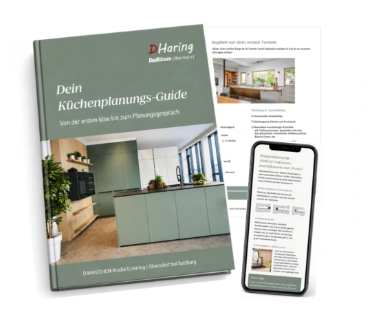 Cover und einzelne Seiten eines Guides von D.Haring zur Küchenplanung. 
