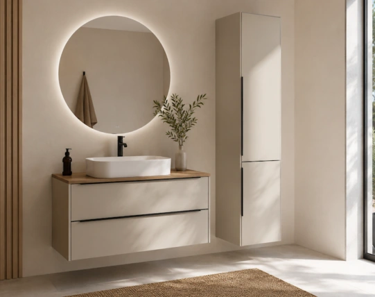 Helle, moderne Badmöbel in Beige mit Waschtisch, rundem Spiegel, Holzarbeitsplatte und passendem Hochschrank.